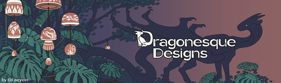 an illustration of a navy blue dragon emerging from a forest of trees and monstera deliciosa leaves, with a sunset-colored gradient background. There are ceramic bells with white designs painted on them hanging on the left side in front of the forest. The